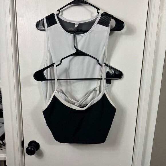 2 pc set marika white black mesh tank top and strappy black sports bra - Picture 1 of 10